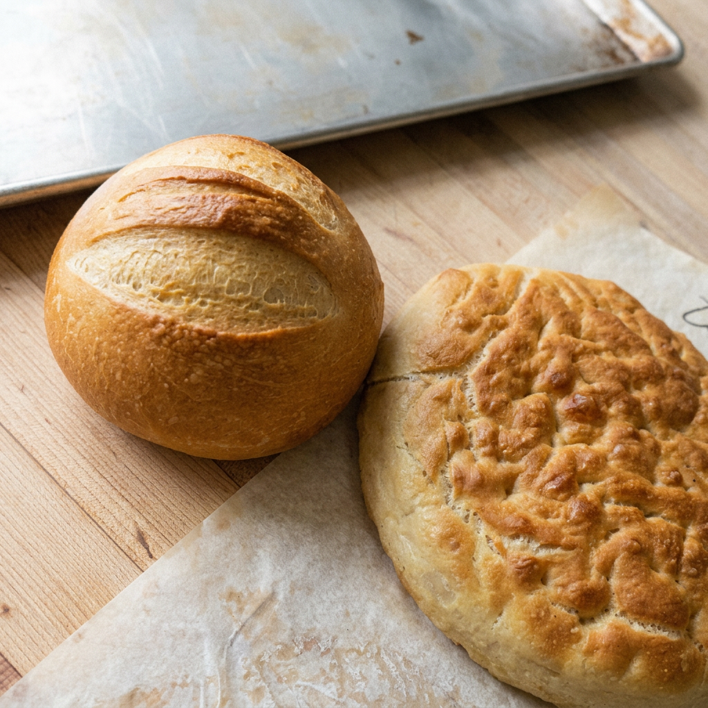 A freshly baked sourdough boule with a crackling golden crust