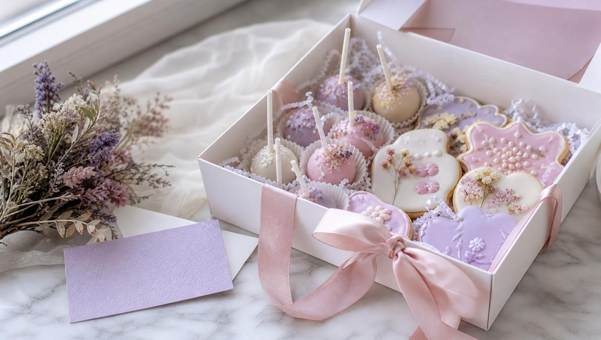 A boxed order of cake pops and cookies tied with ribbon, ready for pickup