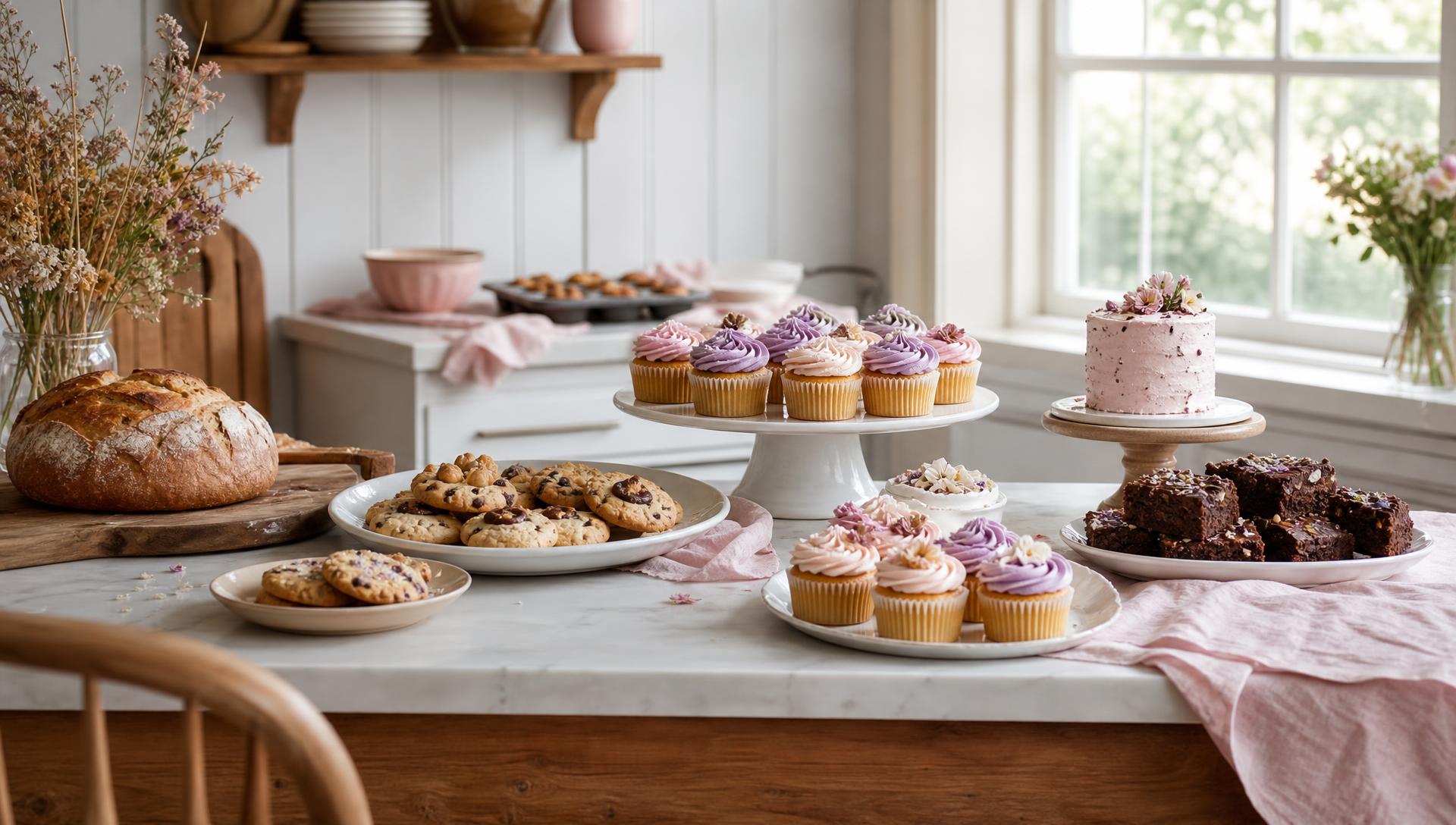 A dessert table of pastel cake pops, cupcakes, and decorated cookies from Little Estrella Bakes