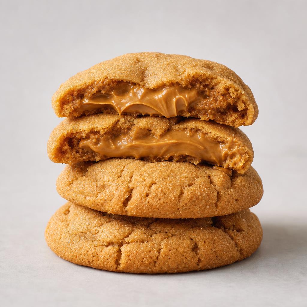 Cookie butter stuffed cookies broken open to show the filling
