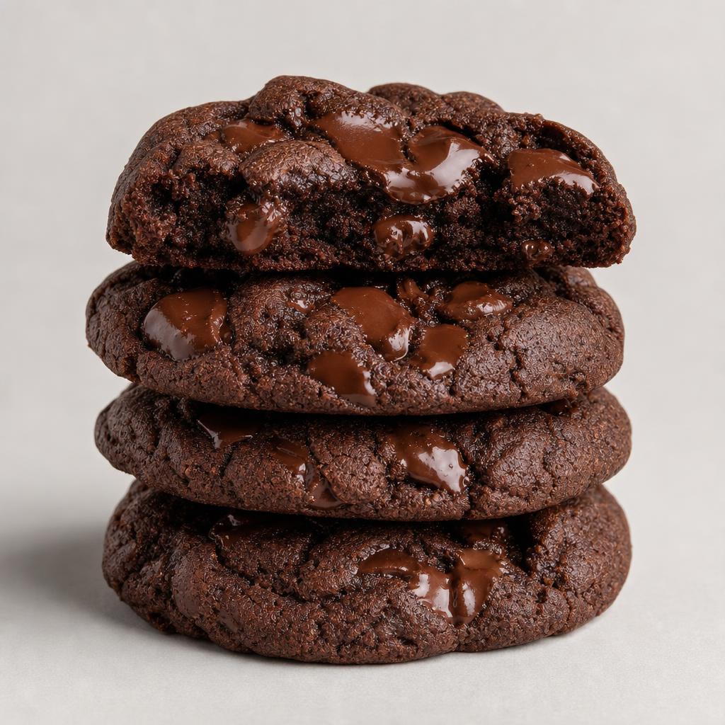 A stack of fudgy double chocolate cookies with melty chunks