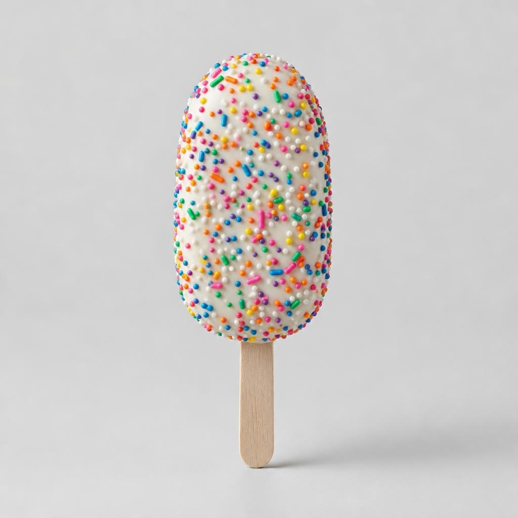 A rainbow funfetti cake popsicle covered in sprinkles
