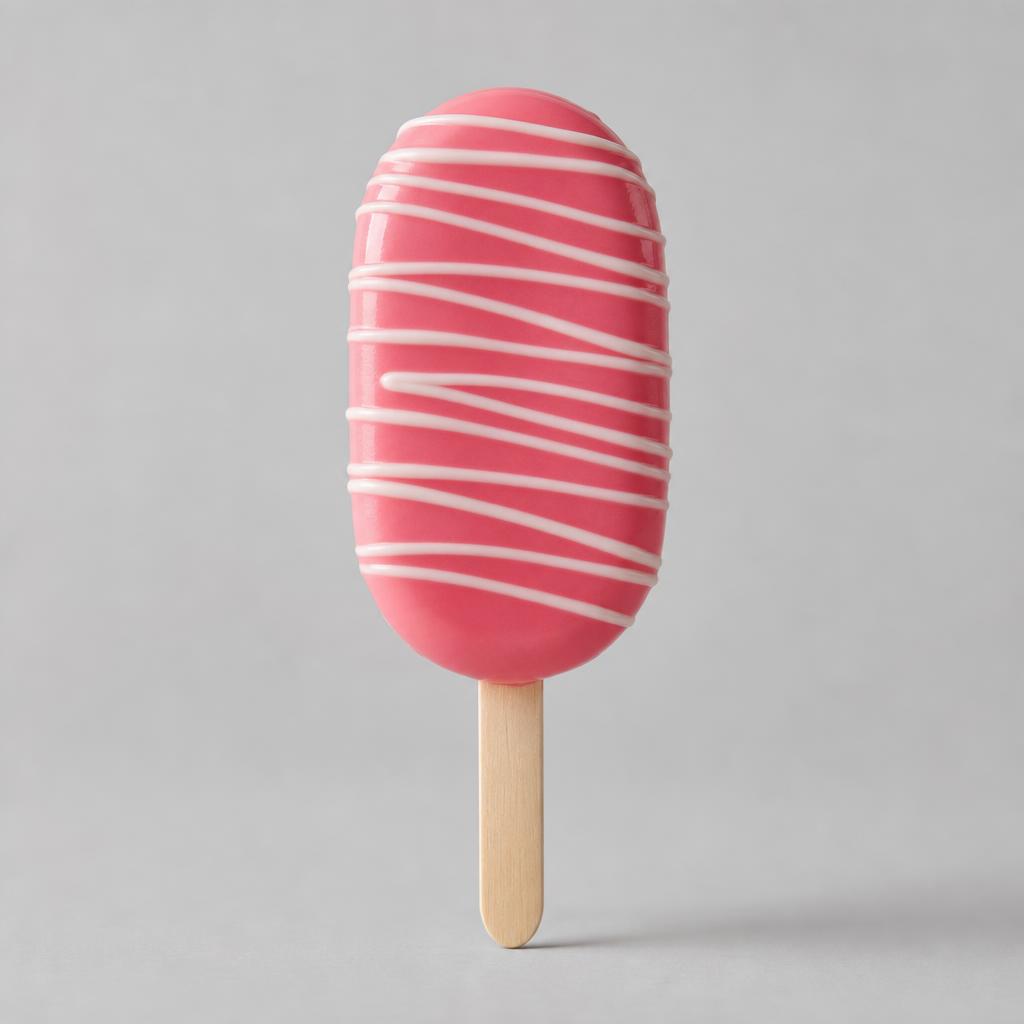 A pink strawberry cake popsicle with white drizzle