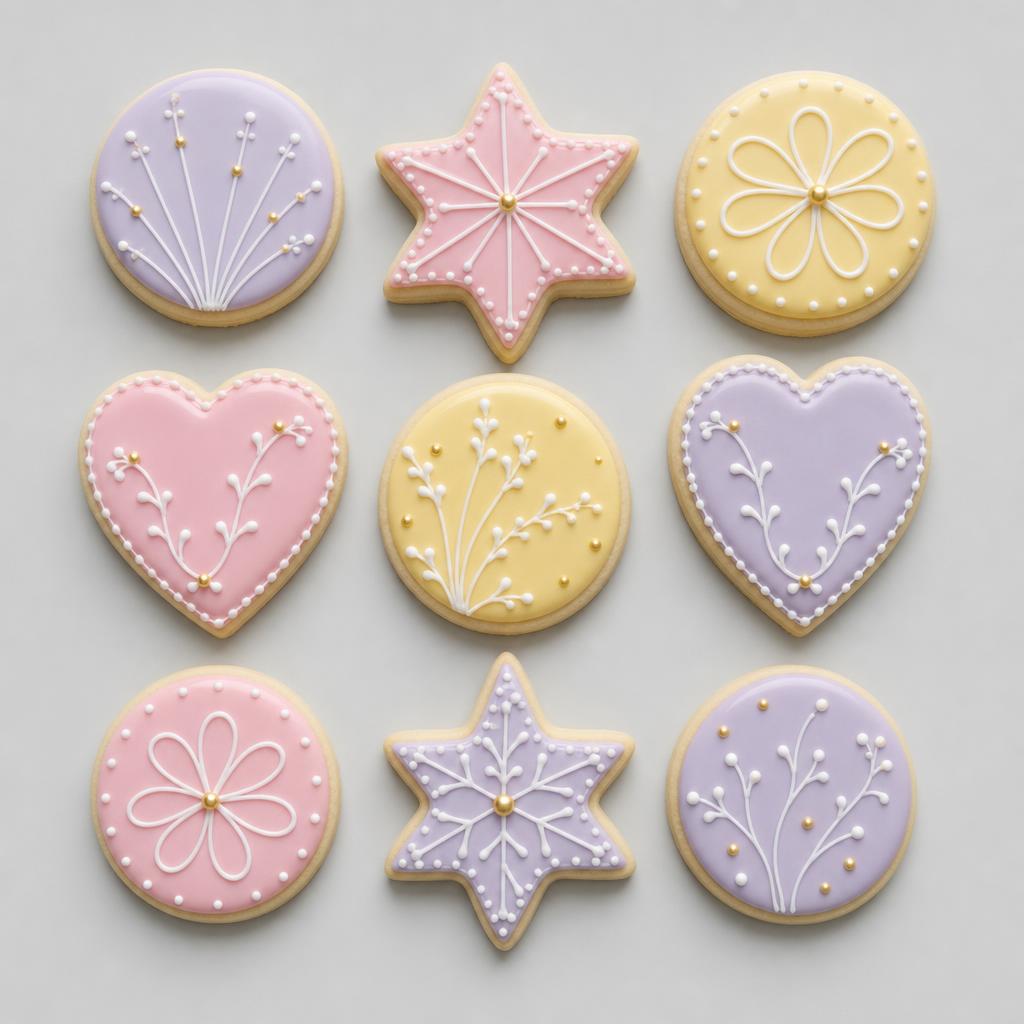 Hand-decorated royal icing sugar cookies in lilac, pink and yellow