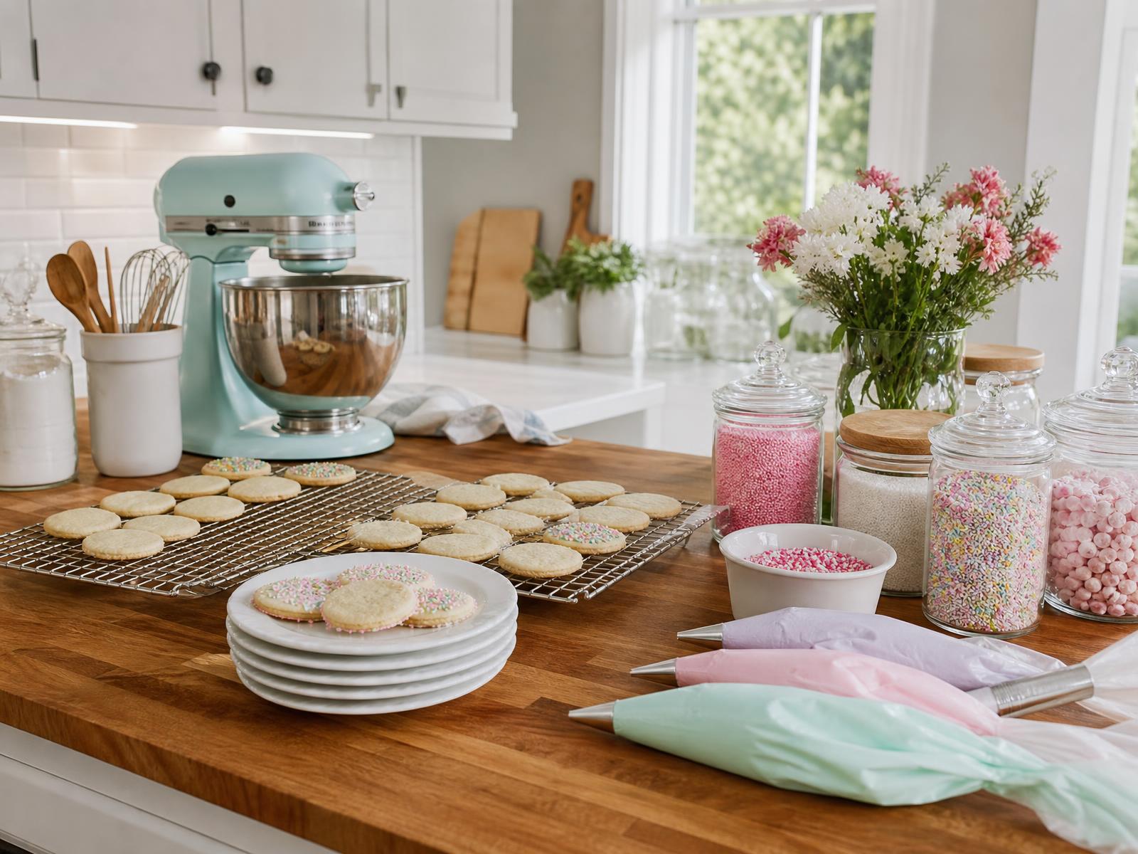 A sunlit home kitchen counter with fresh cake pops, cookies, and a sourdough loaf